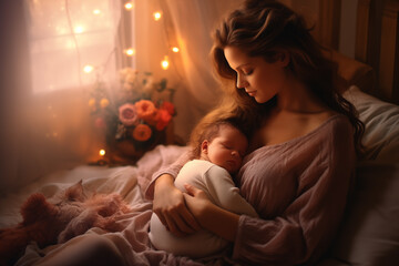 Young mother cradles her newborn infant in softly lit room, surrounded by gentle decor and bouquet of flowers. Warmth of evening creates serene atmosphere.