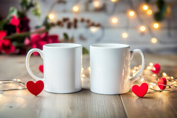Fototapeta premium Two white coffee mug mockups, Valentines day-themed background, hearts and flowers decorations in background 
