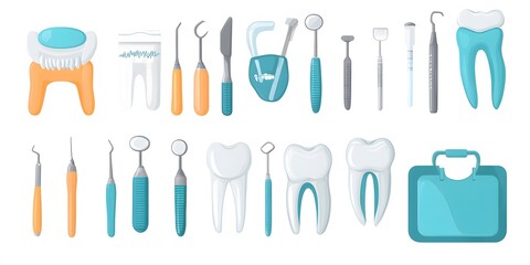 Theme: Teeth, Dentist, Dental Material, Icon Set, Shapes, Objects, Colorful, on White Background, Abstract Image, Texture, Pattern Background, Wallpaper, Cover and Screen of Smartphone, PC, Laptop,