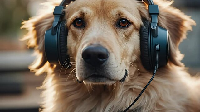 adpones music listening althy portrait cute dog pet domestic labrador mobile phone screen earphones listen animal young golden retriever studio wall isolated wireless headset