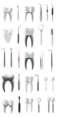 Theme: Teeth, Dentist, Dental Material, Icon Set, Shapes, Objects, Colorful, on White Background, Abstract Image, Texture, Pattern Background, Wallpaper, Cover and Screen of Smartphone, PC, Laptop,