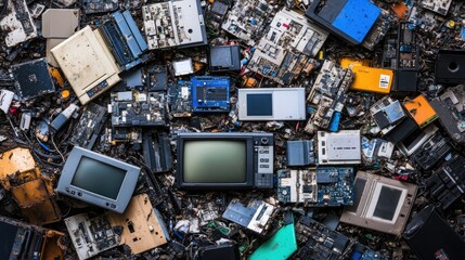 Piles of mixed waste at a landfill, with discarded electronics and household items, highlighting modern waste management challenges.