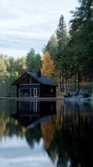 Fototapeta premium A small black house sits on a lake with trees in the background