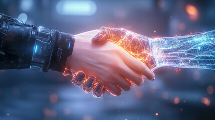 Ceasefire and truce lead to a peace agreement, fostering conflict resolution. Futuristic Human and Robot Handshake Symbolizing Technology Collaboration