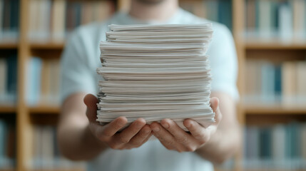 Teacher holding a large stack of graded papers in a library setting, representing education, assessment, and workload