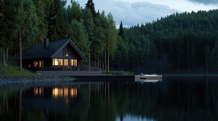 A house with a dock and a boat is on a lake