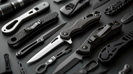 Fototapeta premium Flat lay of various pocket knives and multi-tools on dark background.