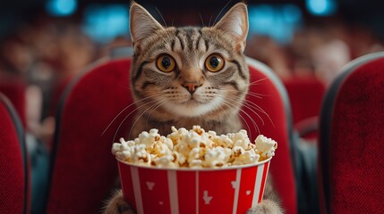 a cat watches a movie in a cinema, holds a bucket with popcorn, leisure, entertainment	