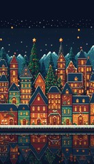 Obraz premium image with retro arcade gaming vintage graphics style of a city illuminated and decorated with a Christmas theme