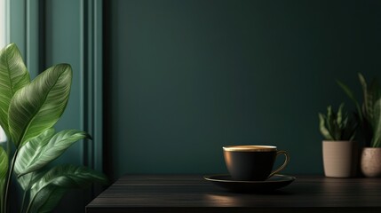 A serene scene featuring a coffee cup on a dark table with lush green plants and a deep wall.