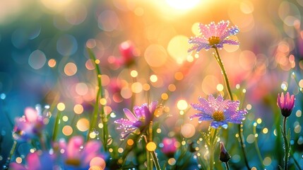 Dew-kissed flowers bathed in the warm glow of sunrise.