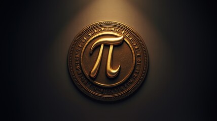 Golden pi symbol shining on a round medallion with numbers representing pi