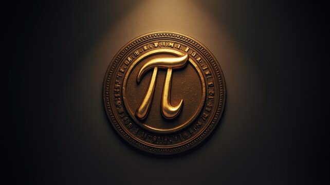 Golden pi symbol shining on a round medallion with numbers representing pi - Powered by Adobe