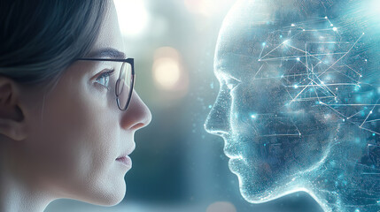 Ceasefire and truce lead to a peace agreement, fostering conflict resolution. Woman with glasses facing a digital human-like figure in a futuristic setting