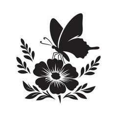 Butterfly resting on a flower silhouette vector art black color design and solid white background