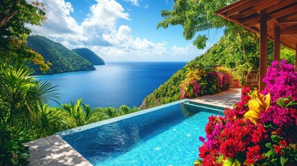 Obraz premium A serene tropical landscape featuring a pool, vibrant flowers, and a stunning ocean view.
