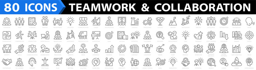 Teamwork 80 icon set. Collaboration icons. Business teamwork, team building, co-worker, cooperation, work group ,human resources. Vector illustration