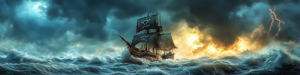 Dramatic pirate ship sailing through stormy seas with lightning and waves, perfect for wall art, posters, and adventurous themed decorations.