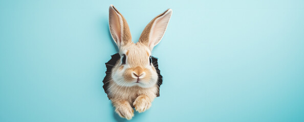Obraz premium Curious easter bunny or rabbit peeking through a hole in a wall, holiday in spring, advertising and marketing concept