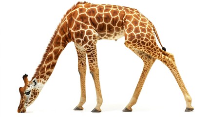 A giraffe bending down to drink water, showcasing its long neck and distinctive spotted coat against a white background.