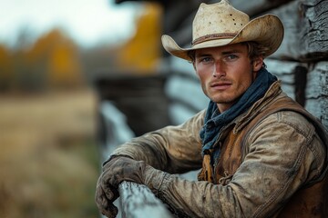 Obraz premium A cowboy standing in front of a wooden barn, leaning on a fence with a confident expression. Generative AI