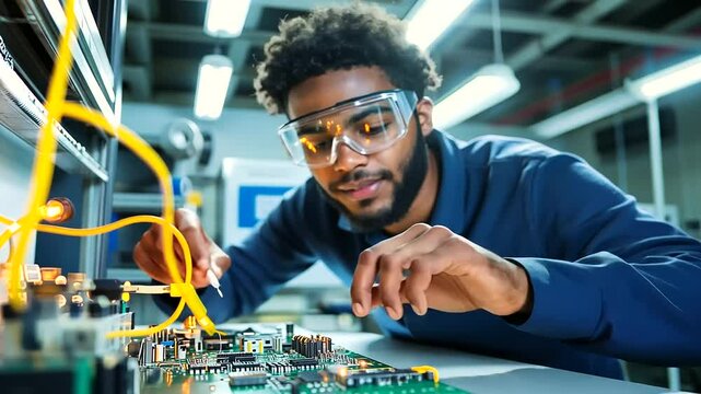 Close-up of a young electrician student, wearing safety goggles, smiling confidently while checking connections on a circuit board in a bright, modern workshop.