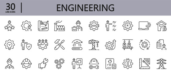 Engineering line icons set with Helmet, Tools, Factory, Machinery, Repair, Gears, Equipment, Electrical, Electricity and more. Editable Stroke