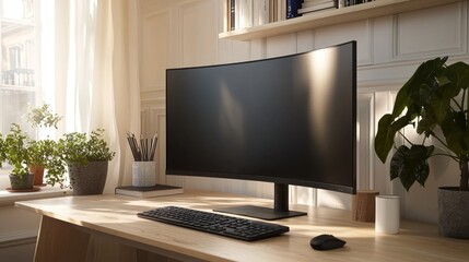 Fototapeta premium Modern Home Office Setup with Curved Monitor and Plants