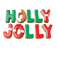 Holly Jolly - Christmas clay lettering element in naive childish style. Winter holiday quote Isolated raster element on transparent background.