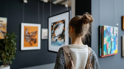 Young artist showcases work at art gallery discussing nft art and blockchain technology in the contemporary art scene