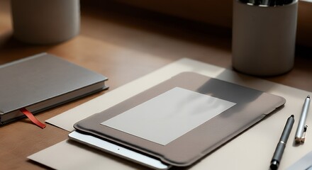 A tablet sleeve packaging mock-up with a plain white label, placed next to the tablet on a work desk 3d illustration brand mock-up template.