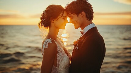 A newlywed couple pose happily together on the beach at sunset, wedding photography