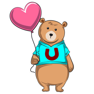 recommend clip art: cute cartoon bear wearing a t-shirt with the word U, holding a pink heart-shaped balloon, to express his love for you, work of hand drawn