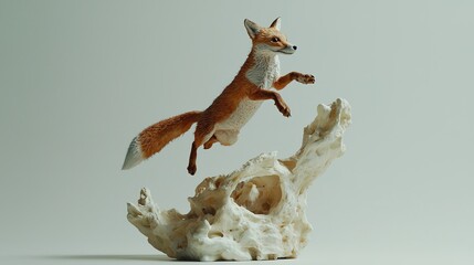 Fototapeta premium A fox leaps gracefully over a textured white surface, capturing the essence of agility and elegance in a dynamic pose.