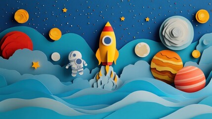 Naklejka premium Papercraft rocket launching into space with astronaut.