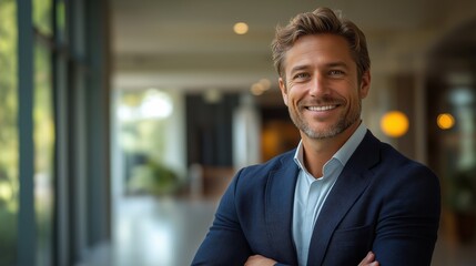 Fototapeta premium Confident professional man smiling in modern office setting