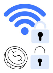 wireless signal and two padlocks with dollar coin representing cybersecurity, online transactions, and data protection. Ideal for finance, technology, security, internet, networking, e-commerce