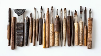 Collection of vintage, wooden-handled tools.
