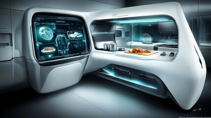Futuristic smart kitchen with AI technology, holographic displays, and smart appliances, emphasizing innovation, home automation, and modern cooking.