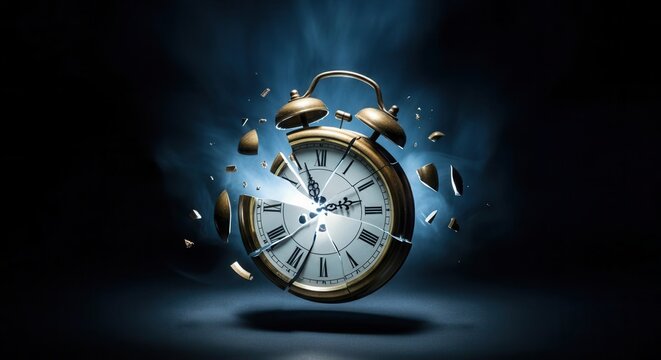 Shattered vintage alarm clock exploding in the dark