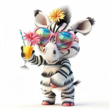 Funny zebra with sunglasses enjoying a drink at a sunny beachside cafe