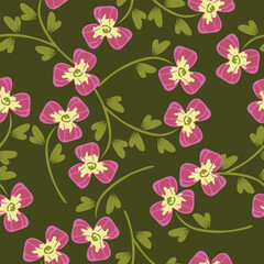 Simple vintage pattern. Light background, orange and mustard, dark blue flowers