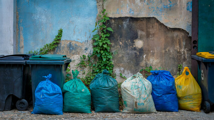 Multicolored waste bags placed next to recycling bins, framed by a distressed concrete backdrop.