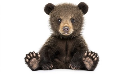 Obraz premium A cute bear cub sits with its paws outstretched, showcasing its playful and adorable features against a white background.