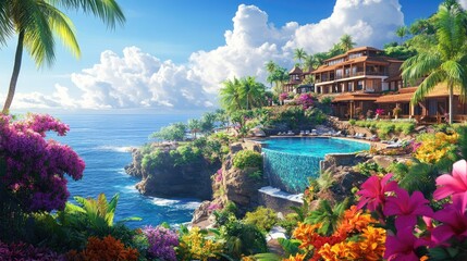 A vibrant tropical resort overlooking the ocean with lush gardens and a stunning infinity pool.