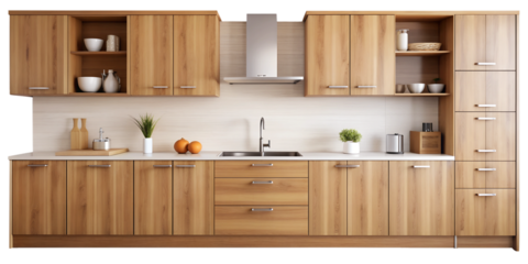 Modern kitchen cabinets isolated on a transparent background, Home furniture, PNG File