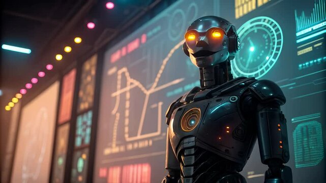 Futuristic Humanoid Robot with Glowing Eyes and Data Projections