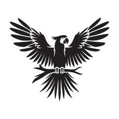 Parrot with spread wings silhouette vector art black color design and solid white background