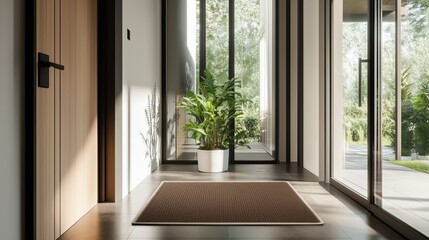 Fototapeta premium Modern hallway with natural light and indoor plants creating a welcoming atmosphere