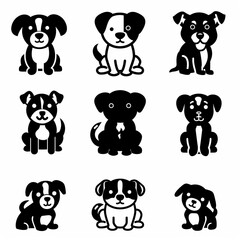 Obraz premium Cute dog icon set, pet animal flat silhouette, puppy icons, funny dog character pictogram, minimal woof sign
